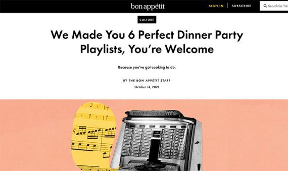Screenshot of Bon Appetit article "We made you 6 perfect playlists for a dinner party, you are welcome"