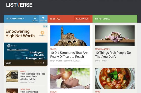 Home page of Listverse