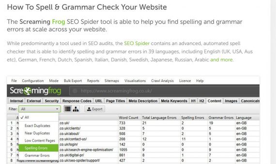 Screenshot of the Screaming Frog spellcheck page