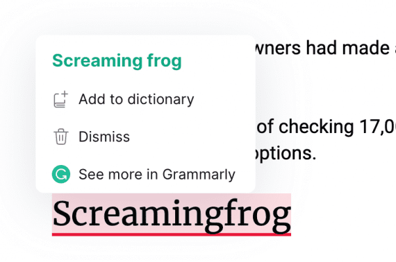 Screenshot of the Grammarly interface for "Screaming frog."