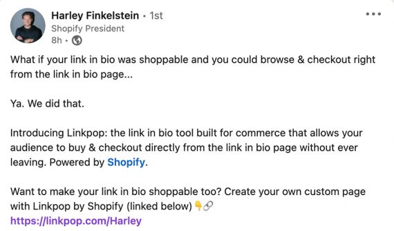 Instantánea de la publicación de LinkedIn de Harley Finkelstein sobre Linkpop.