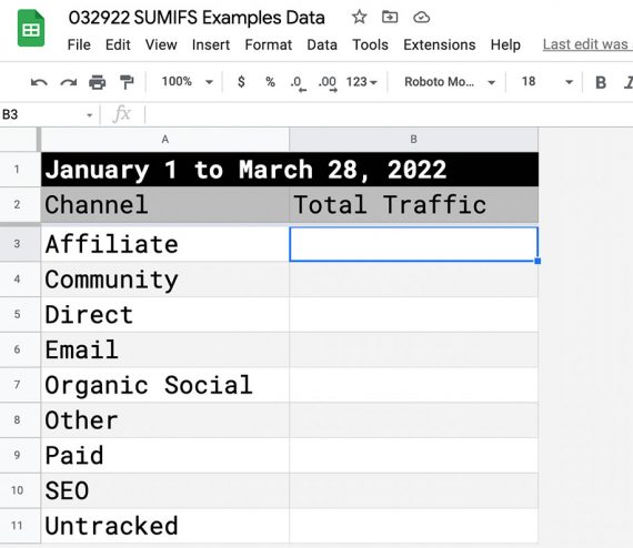Screenshot of Google Sheets SUMIFs example with two columns