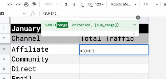 Screenshot of Google Sheet with the suggested SUMIF function.