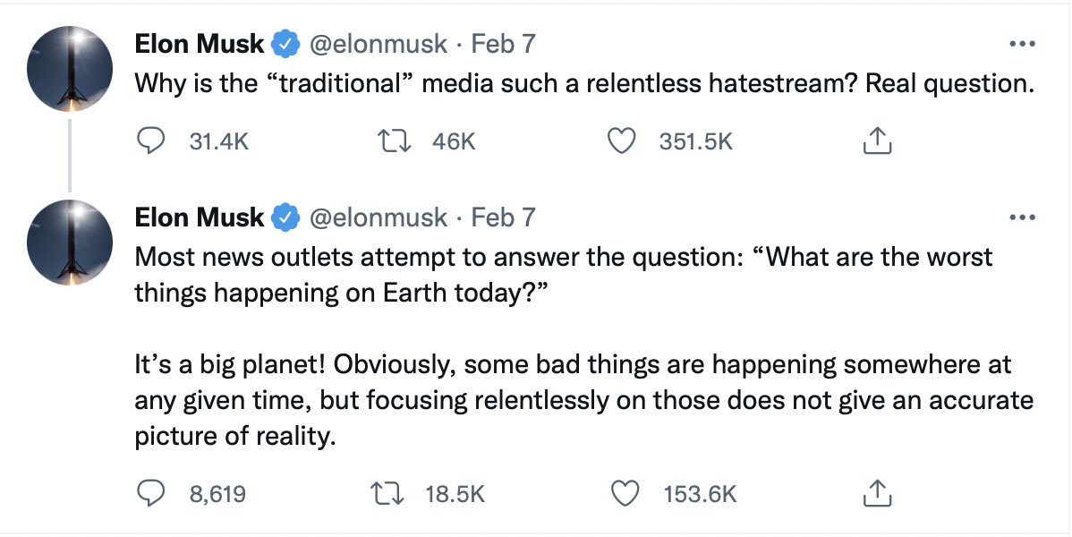 Screenshot of Elon Musk's Twitter page with his tweet, "Why is the traditional media such a relentless hatestream?"