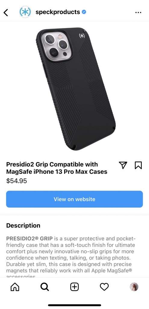 Screenshot of Speck's iPhone case product page on Instagram