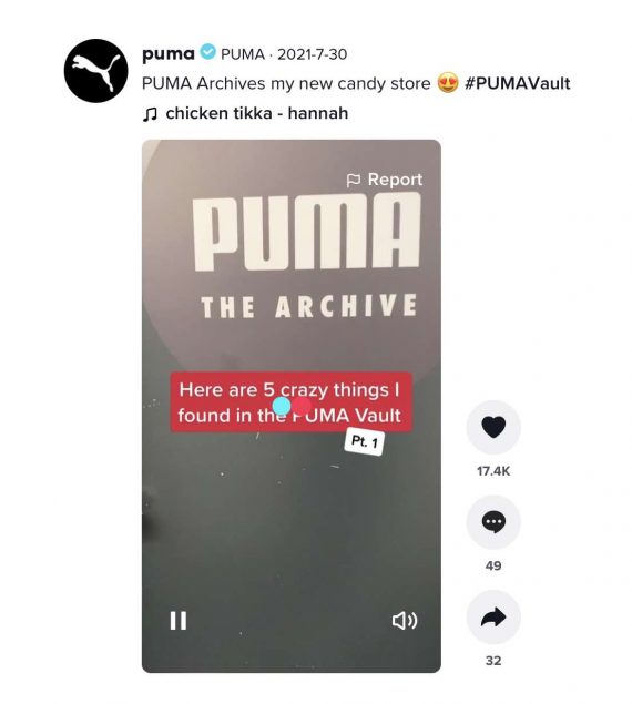 Captura de pantalla de un video de Puma TikTok usando el hashtag #PUMAvault.