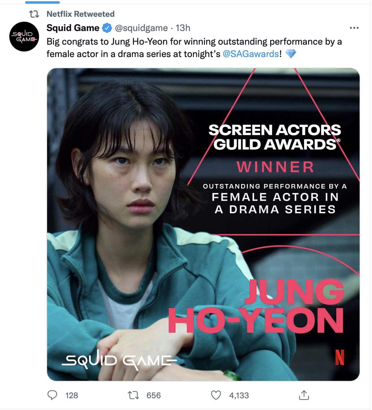 A tweet from Netflix congratulating actor Chon Ho Yon.