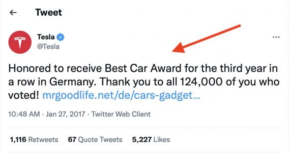 Screenshot of 2017 tweet from Tesla touting the "Best Car Award"
