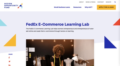 Captura de pantalla de la página del laboratorio de aprendizaje de comercio electrónico de FedEx en el sitio de Accion Opportunity Fund