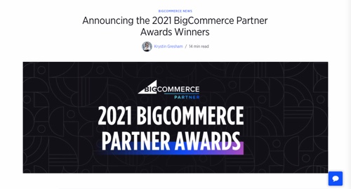 Captura de pantalla del blog de BigCommerce, página de ganadores de premios para socios.