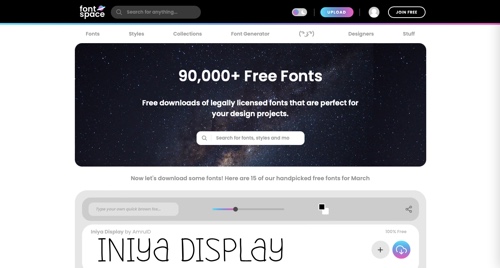 Captura de pantalla de la página de inicio de FontSpace