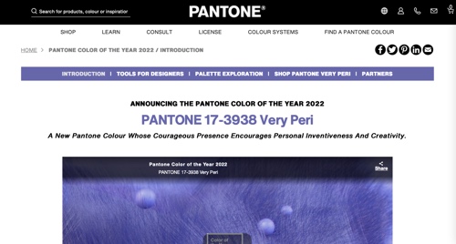 Screenshot of the Pantone Color of the Year webpage