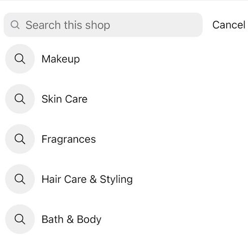 Screenshot from Sephora's Instagram shop showing categories below the search bar