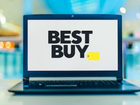 Photo of Best Buy logo on a laptop screen