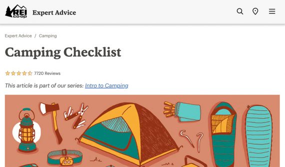 Screenshot of REI camping checklist article.