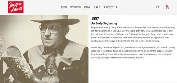 Instantánea del sitio web de Tony Lama, La historia de Tony Lama.
