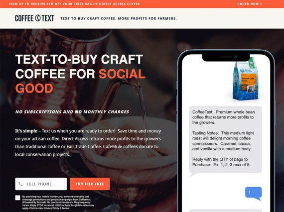 Captura de pantalla de la página de inicio de Coffee Text