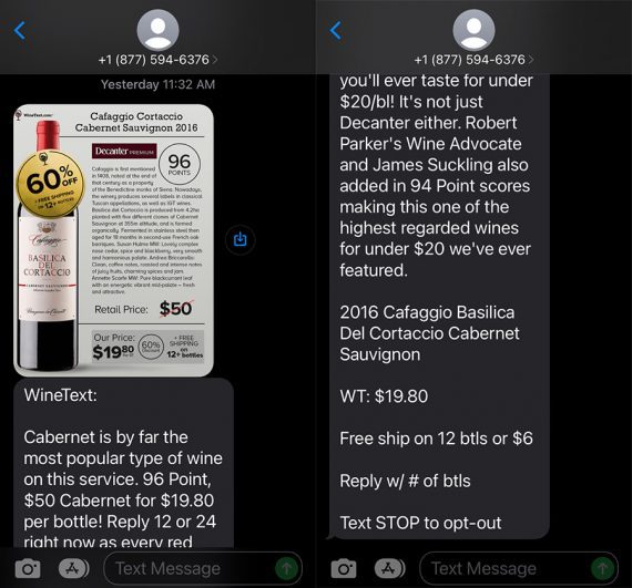 Two mobile screenshot from Wine Text showing an offer and then an order from a shopper