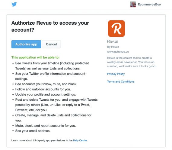 Screenshot of Twitter's authorization prompt for Revue.