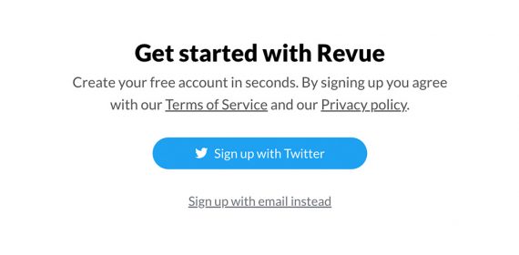 Screenshot of the Revue sign-up using Twitter.