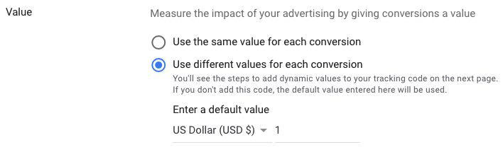 Screenshot of Google Ads' settings for conversion values