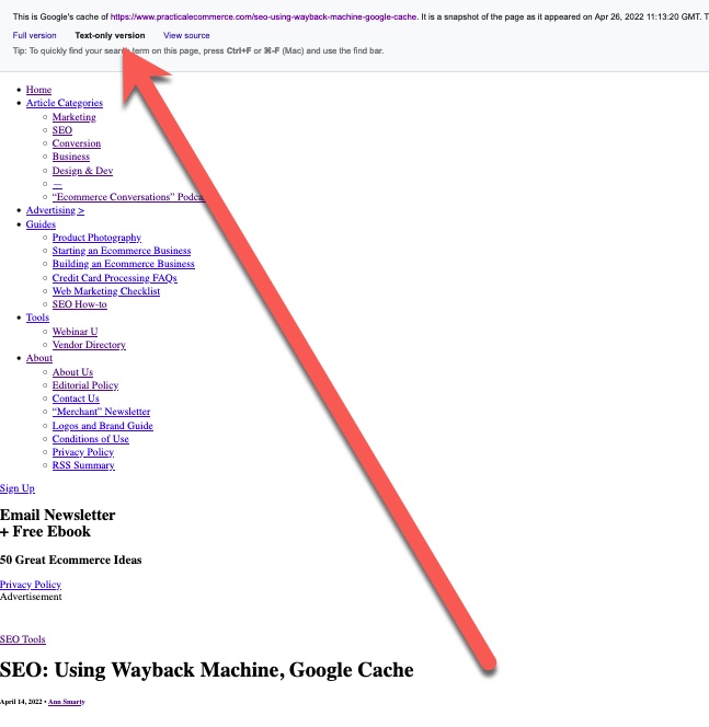 Screenshot of Google cache for a Practical Ecommerce article