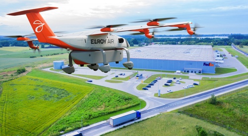 Photo of an Elroy Air drone in flight.