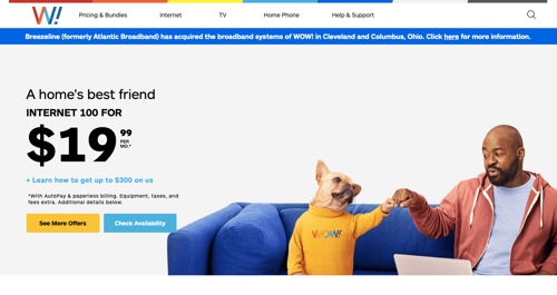 Screenshot of WOW!  internet service webpage.