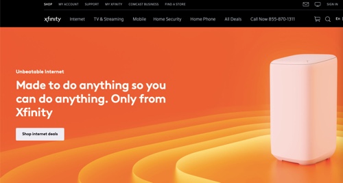 Skærmbillede af Xfinity-internettjenestens webside.