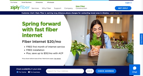 A screenshot of the ziply fiber home page.