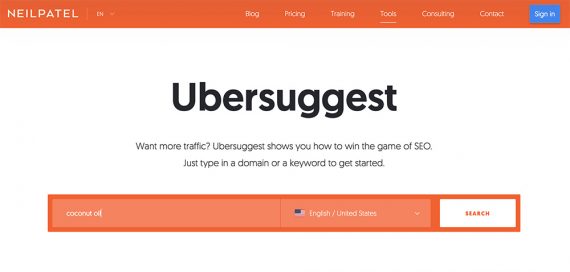 Captura de tela da página inicial do Ubersuggest