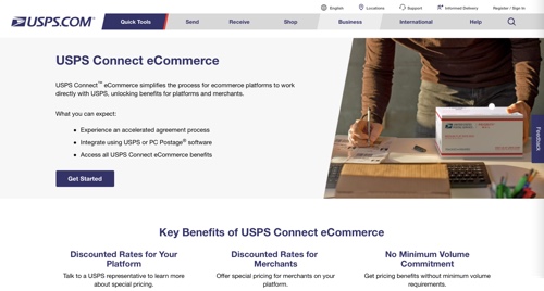 Captura de tela da página da Web do USPS, Connect eCommerce.