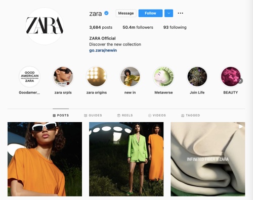 ZARA Instagram profile