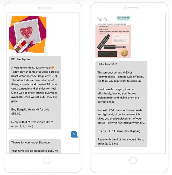 Captura de tela do serviço da TextRetailer com exemplos de KC Needlepoint e BeautyText.