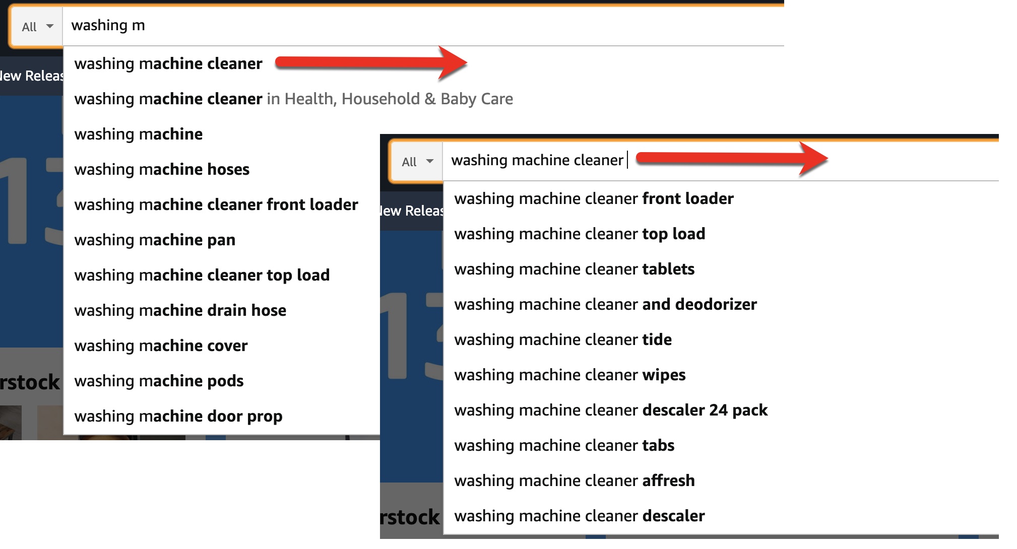 Captura de tela da sugestão automática da Amazon para "limpador de máquina de lavar"