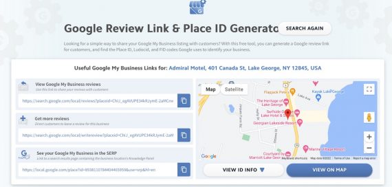 Captura de tela do gerador de link e ID de local do Google Review