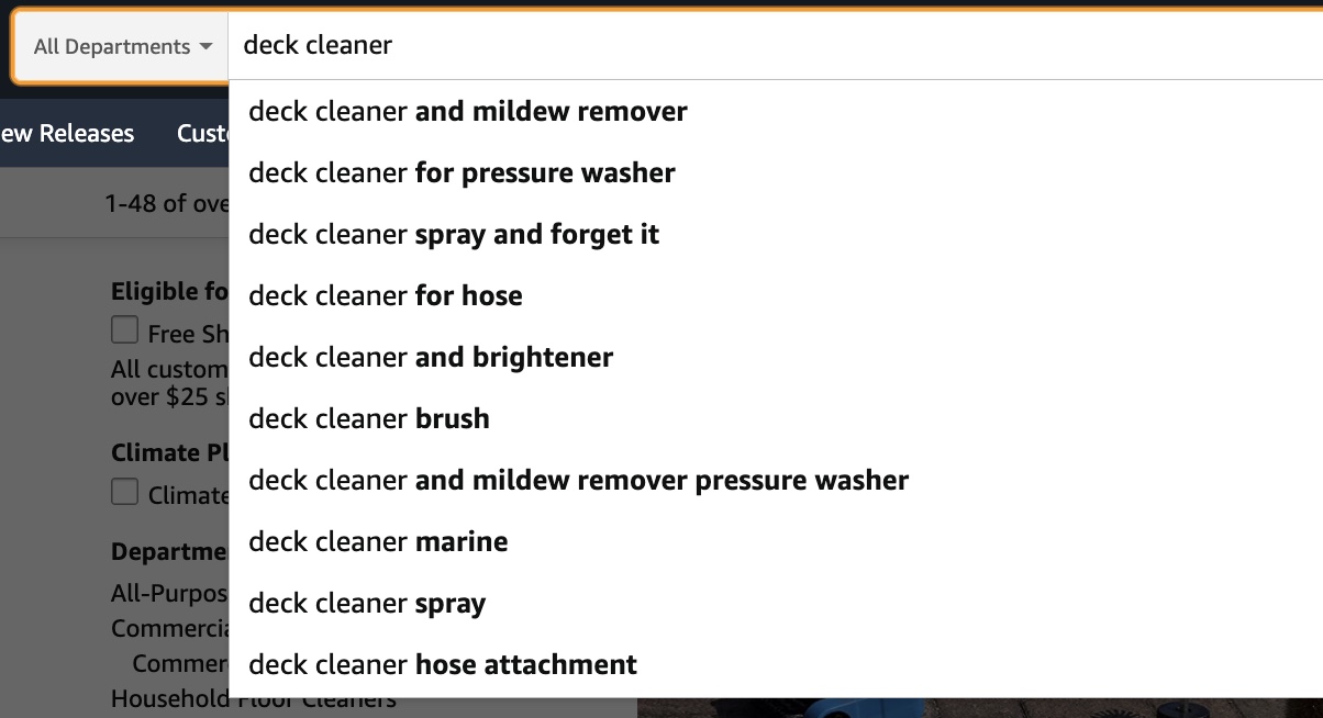 Screenshot of autosuggest for "deck cleaner."
