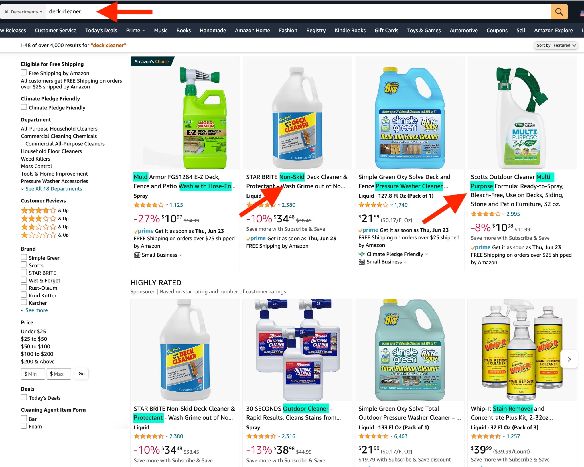 Captura de pantalla de la búsqueda de Amazon por "limpiador de cubierta."