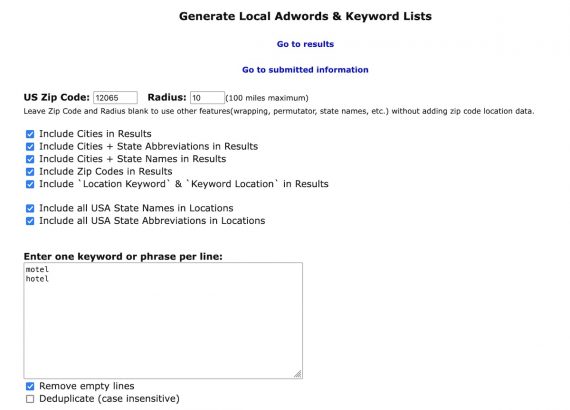 Screenshot of Local AdWords and Keyword Lists