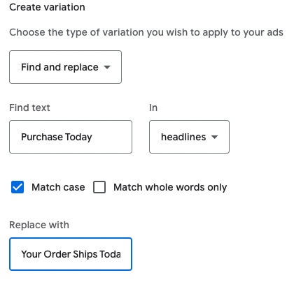 Google Ads's testing setup for Ad variations experiments
