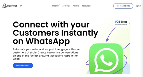 Captura de tela da página do produto ManyChat WhatsApp