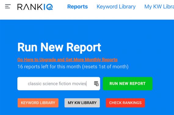 RankIQ "Executar novo relatório" página