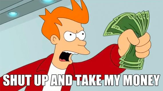 Captura de pantalla del video de Futurama de "Cállate y toma mi dinero."
