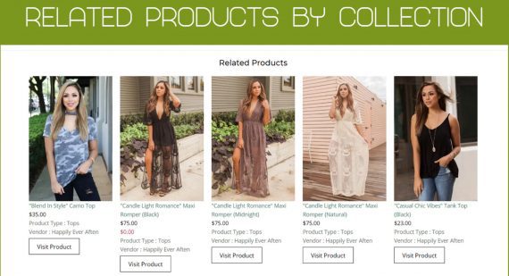 Exemplos de links de produtos relacionados de vestuário feminino da Relatify