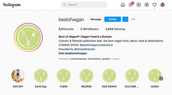 Screenshot of the Best of Vegan page on Instagram