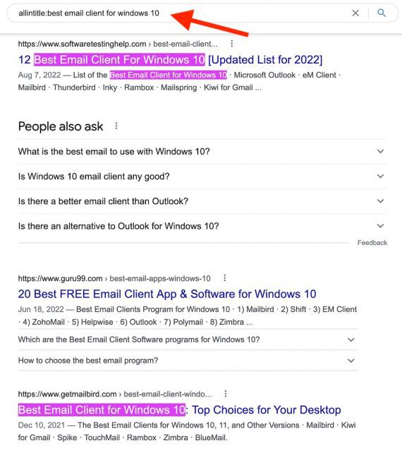 Screenshot of Google search results for "allintitle:best email client for windows 10"