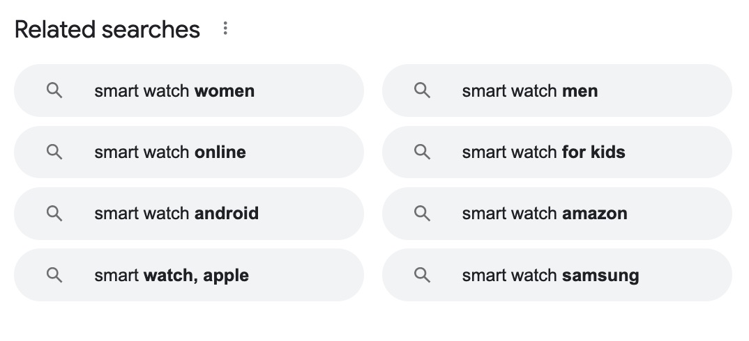 Captura de pantalla de "búsquedas relacionadas" en los primeros resultados de búsqueda de Google