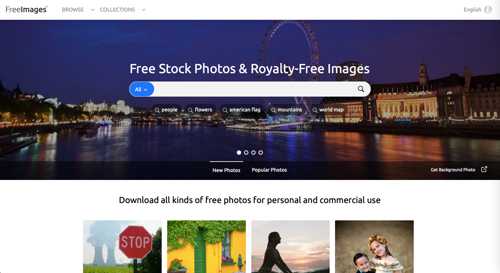 Screenshot of the FreeImages homepage.
