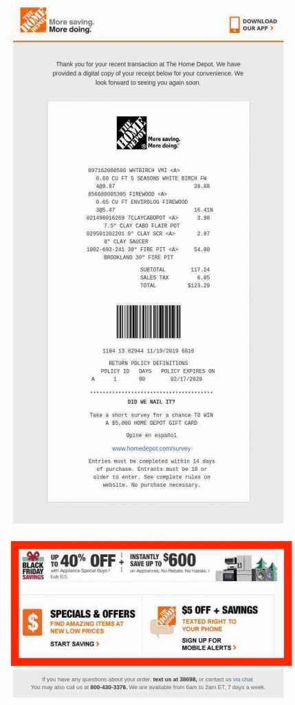 Screenshot of a Home Depot receipt with offers at the bottom.