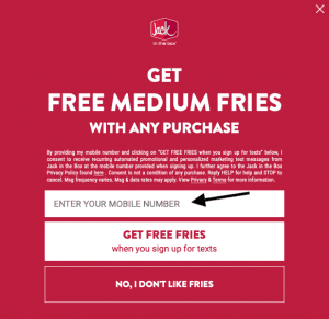 Screenshot of pop-up from Jack in the Box offering free french fries to new SMS subscribers